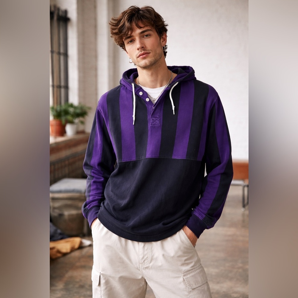 UO Urban Outfitters Hooded Rugby Shirt Mens Sz M Purple Black Stripe Retro 90s